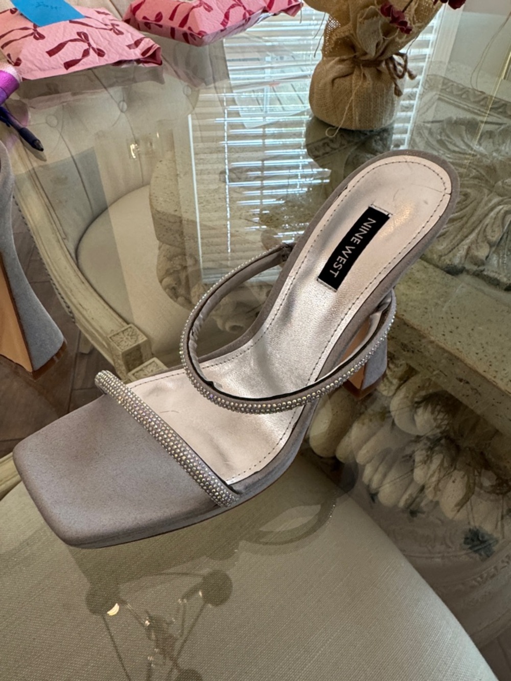 Nine West Silver Crystal-Strap Block Heel Sandals